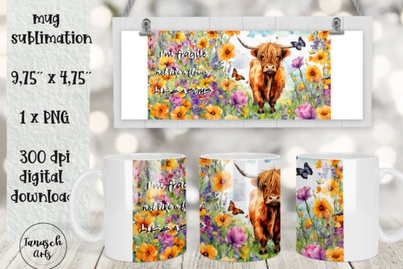 Download Funny Floral Highland Cow Mug Wrap PNG - Png Collection