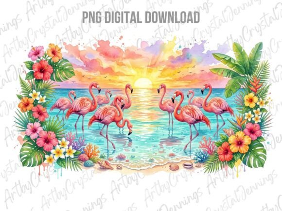 Download Tropical Flamingo Sunset Watercolor PNG - Premium Resources