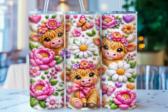 Download Inflated Floral Highland Cow Tumbler PNG - Png Collection