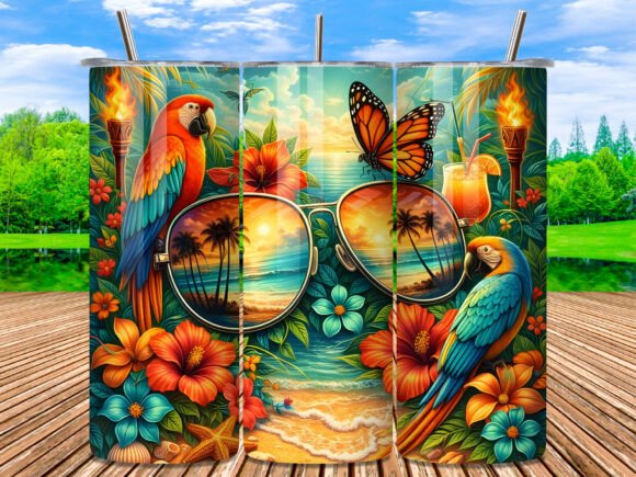 Download Summer Parrot Tropical Beach Tumbler PNG - Png Collection