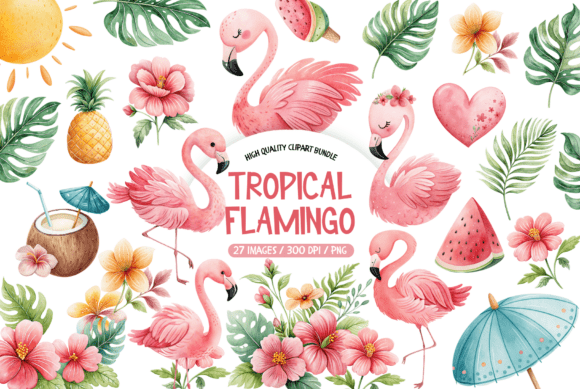 Download Tropical Flamingo Clipart Bundle - Tropical flamingo Collection